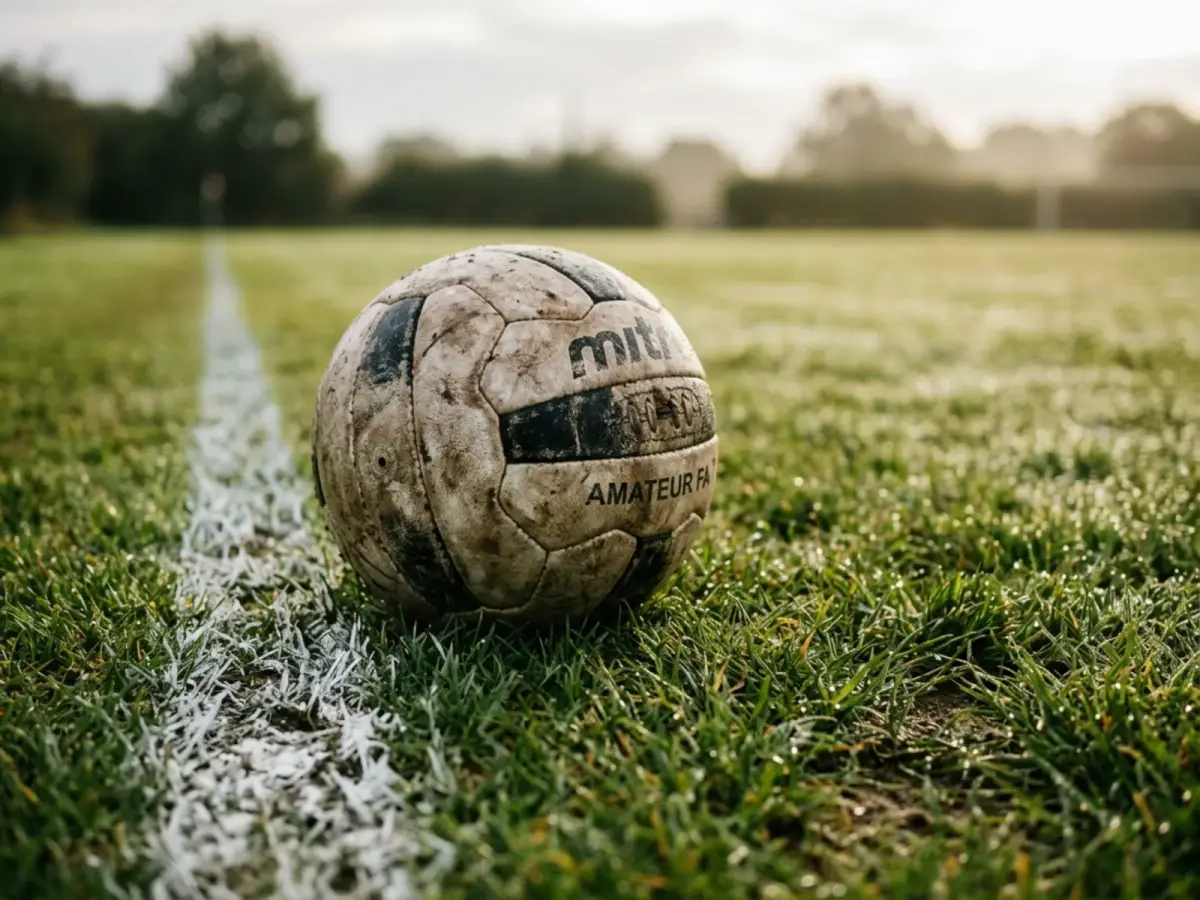 Abgenutzter Fußball auf dem taubedeckten Rasen des Vereinsplatzes